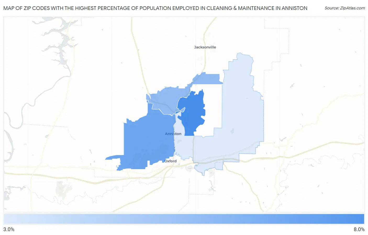 Zip Codes with the Highest Percentage of Population Employed in Cleaning & Maintenance in Anniston Map