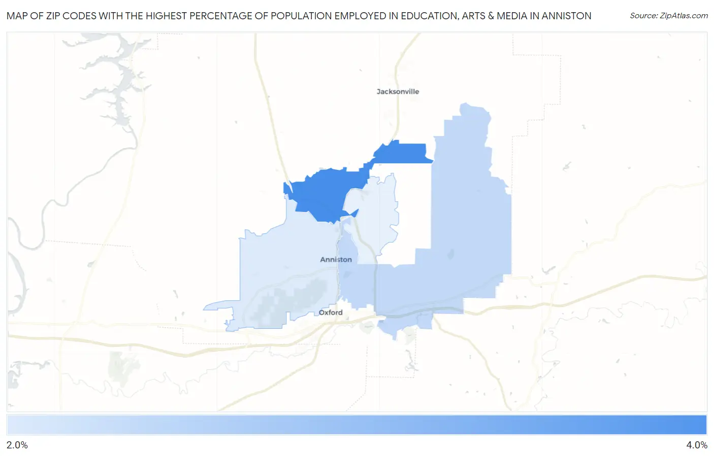 Zip Codes with the Highest Percentage of Population Employed in Education, Arts & Media in Anniston Map