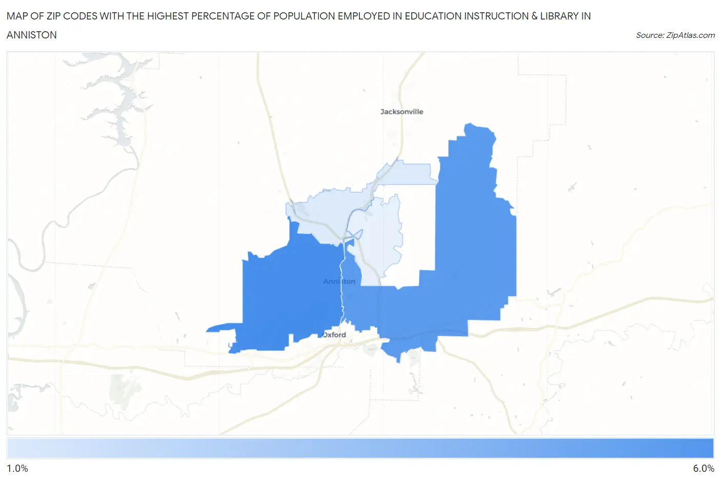 Zip Codes with the Highest Percentage of Population Employed in Education Instruction & Library in Anniston Map