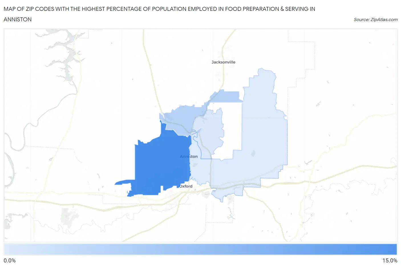 Zip Codes with the Highest Percentage of Population Employed in Food Preparation & Serving in Anniston Map