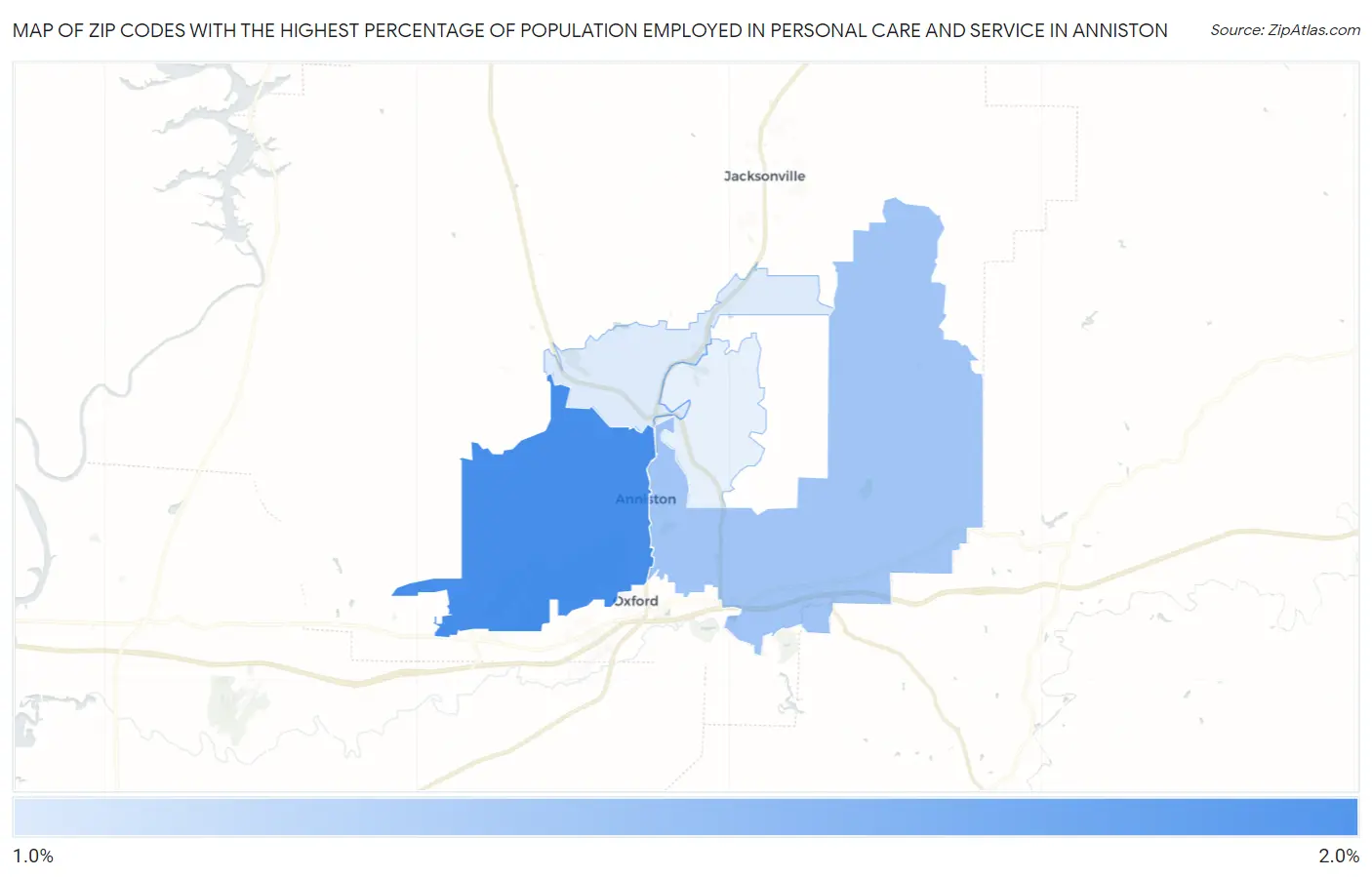 Zip Codes with the Highest Percentage of Population Employed in Personal Care and Service in Anniston Map