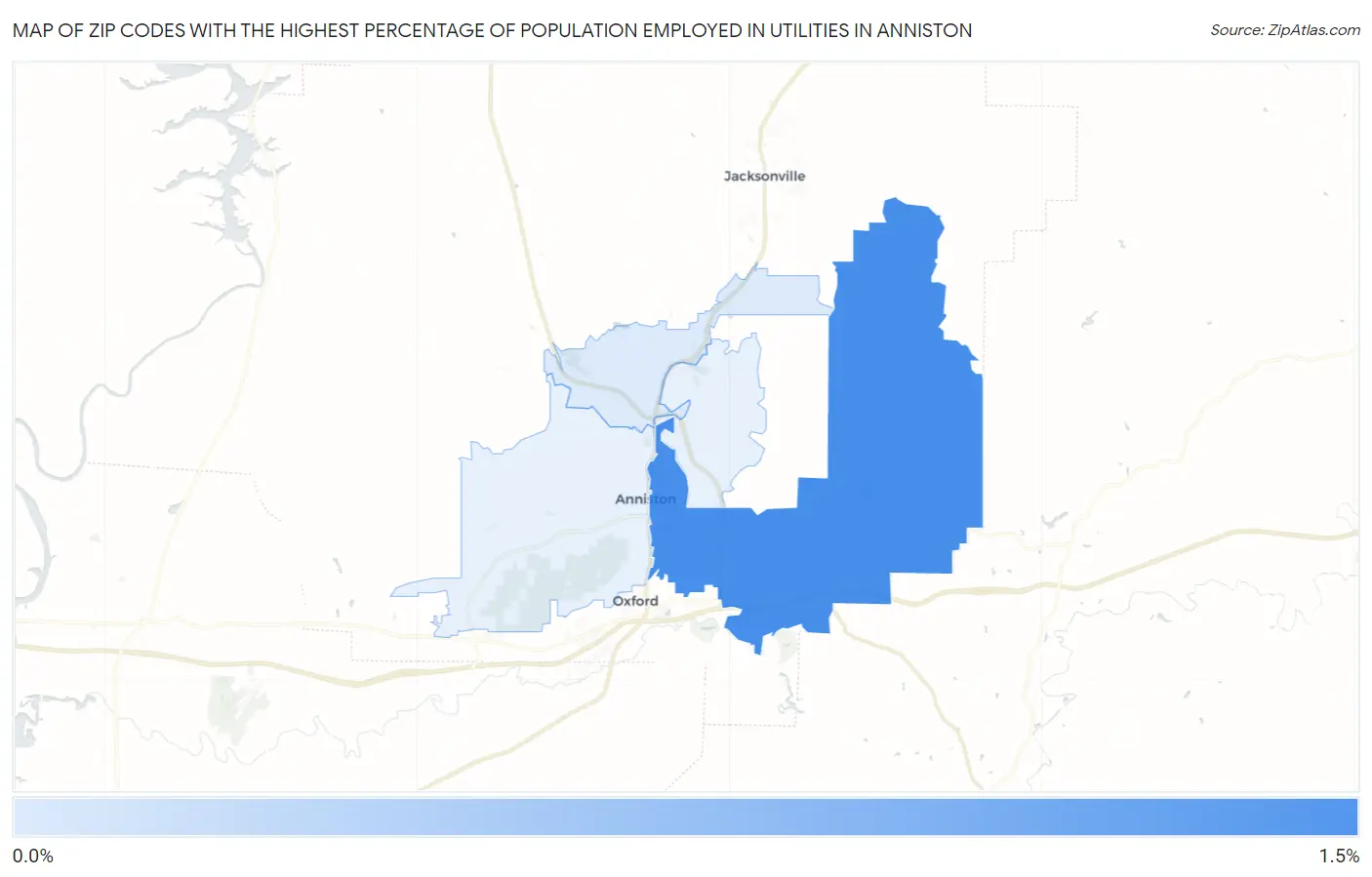 Zip Codes with the Highest Percentage of Population Employed in Utilities in Anniston Map