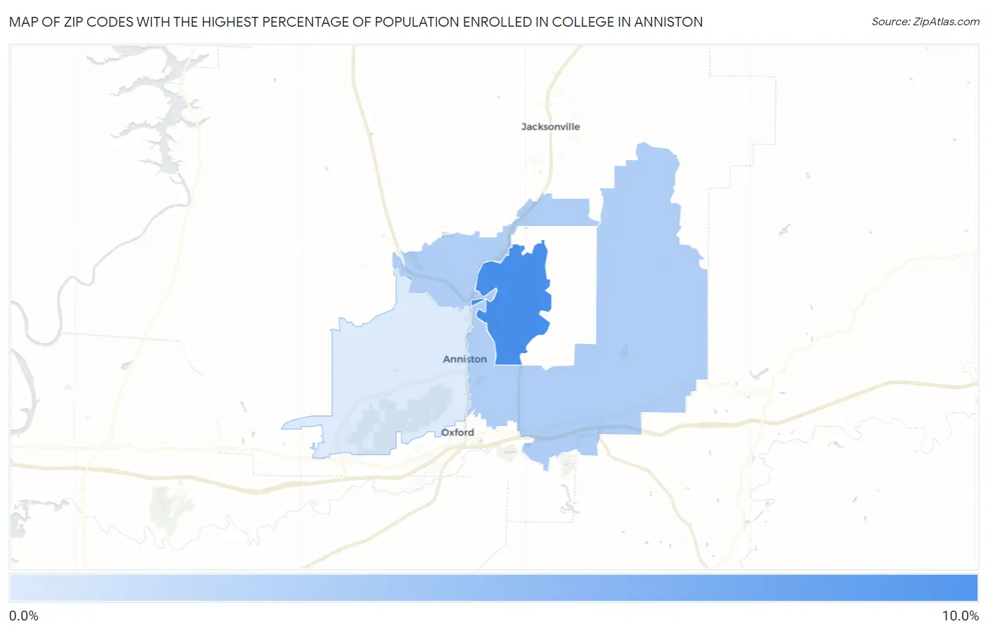 Zip Codes with the Highest Percentage of Population Enrolled in College in Anniston Map
