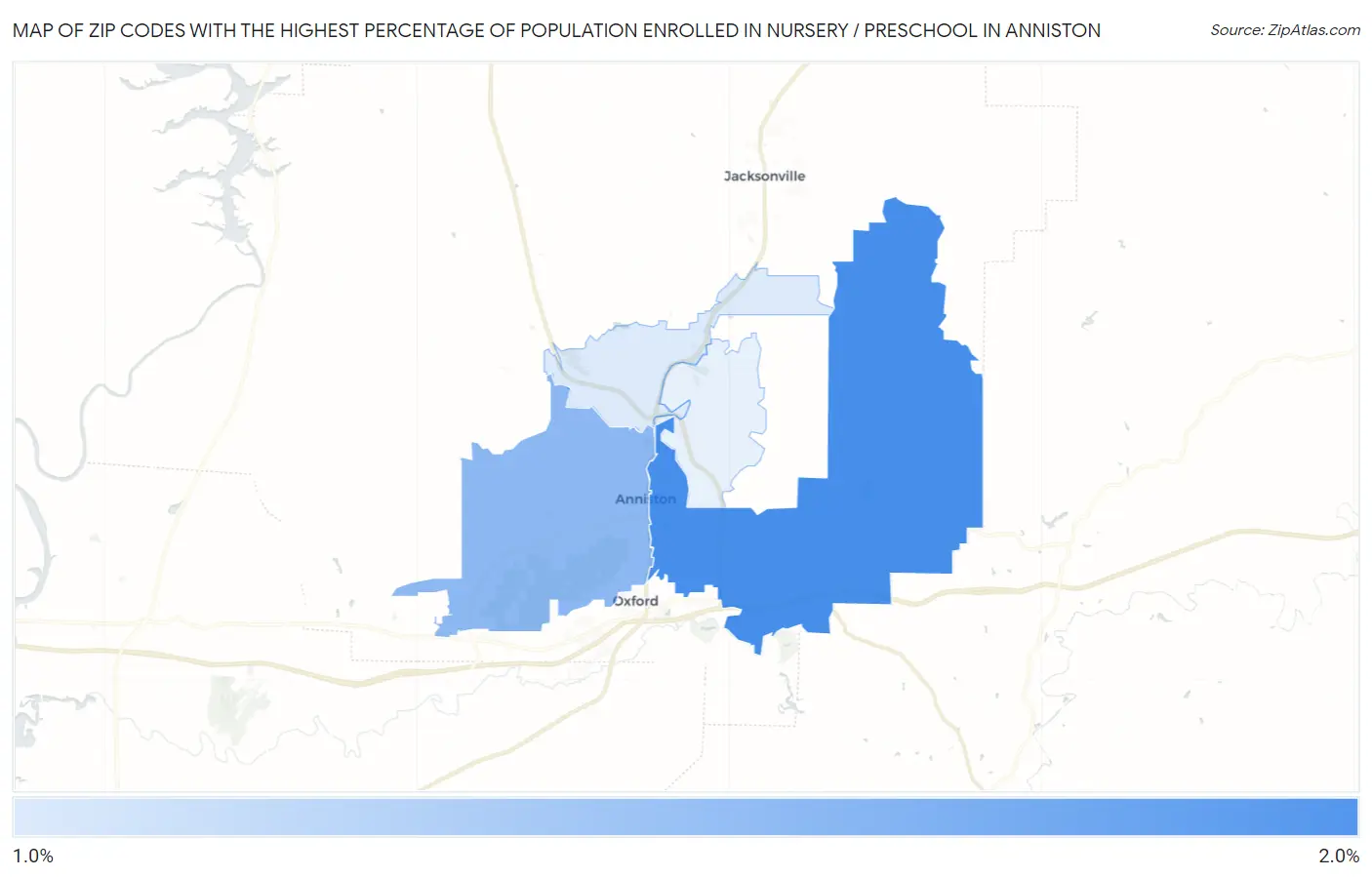 Zip Codes with the Highest Percentage of Population Enrolled in Nursery / Preschool in Anniston Map