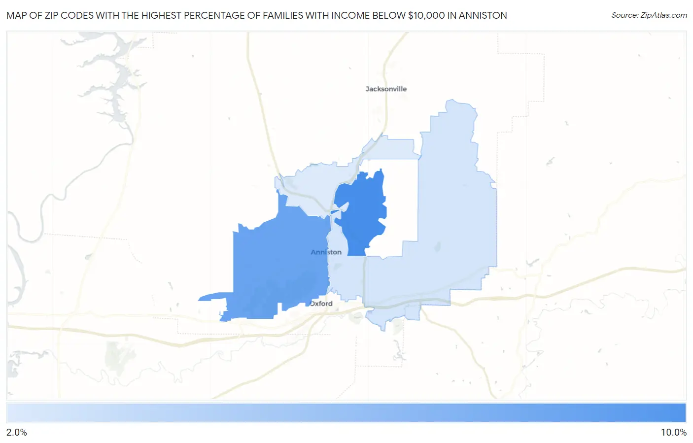 Zip Codes with the Highest Percentage of Families with Income Below $10,000 in Anniston Map