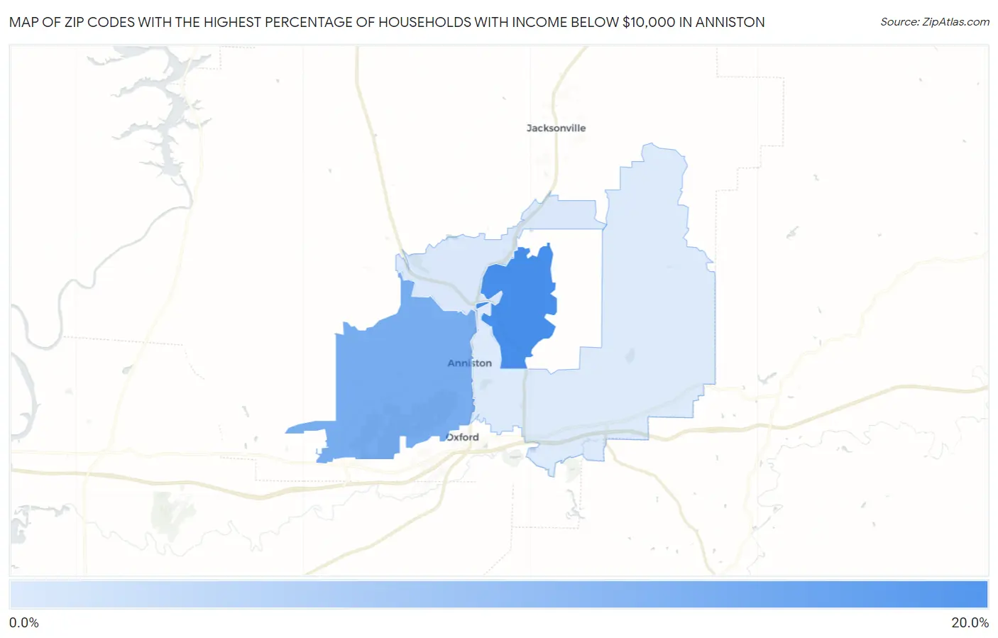 Zip Codes with the Highest Percentage of Households with Income Below $10,000 in Anniston Map