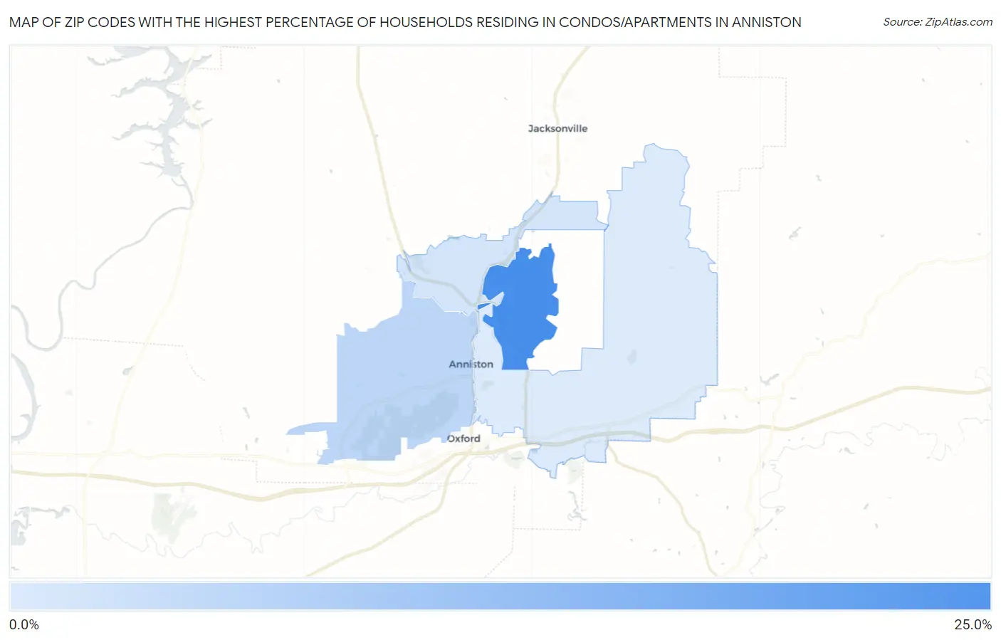 Zip Codes with the Highest Percentage of Households Residing in Condos/Apartments in Anniston Map