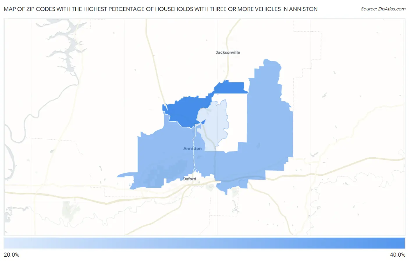 Zip Codes with the Highest Percentage of Households With Three or more Vehicles in Anniston Map