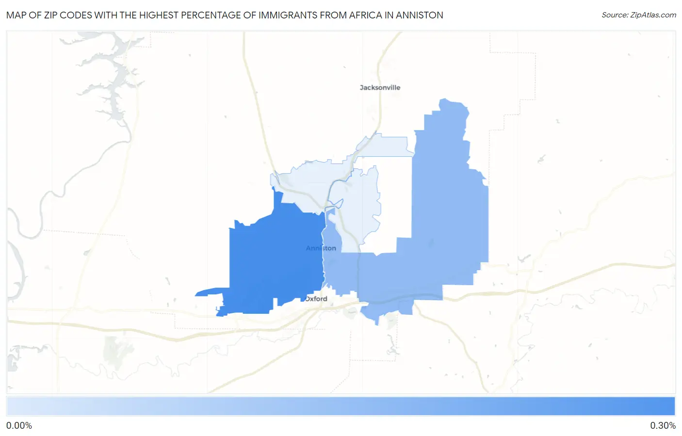 Zip Codes with the Highest Percentage of Immigrants from Africa in Anniston Map