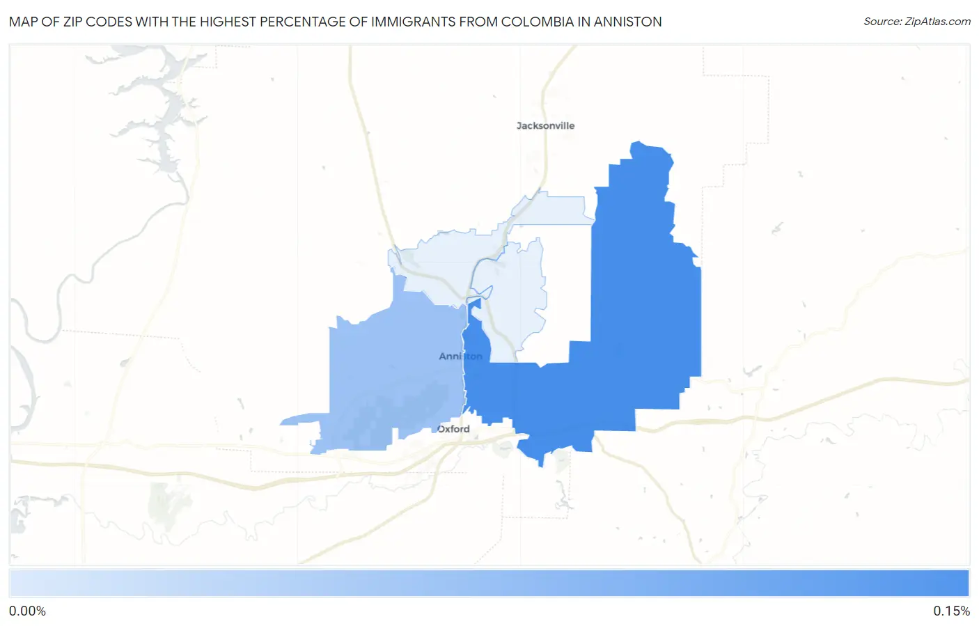 Zip Codes with the Highest Percentage of Immigrants from Colombia in Anniston Map
