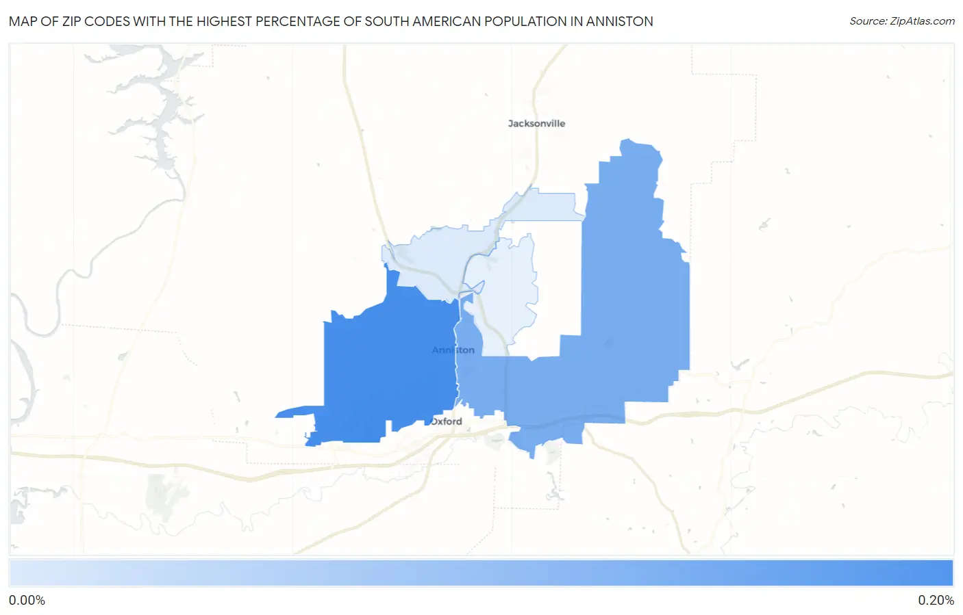 Zip Codes with the Highest Percentage of South American Population in Anniston Map