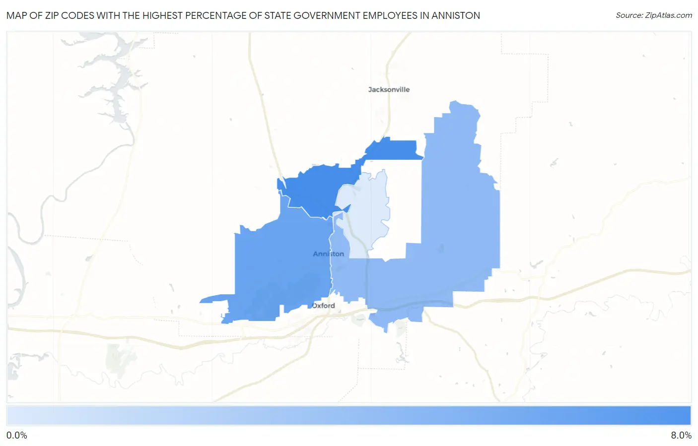 Zip Codes with the Highest Percentage of State Government Employees in Anniston Map