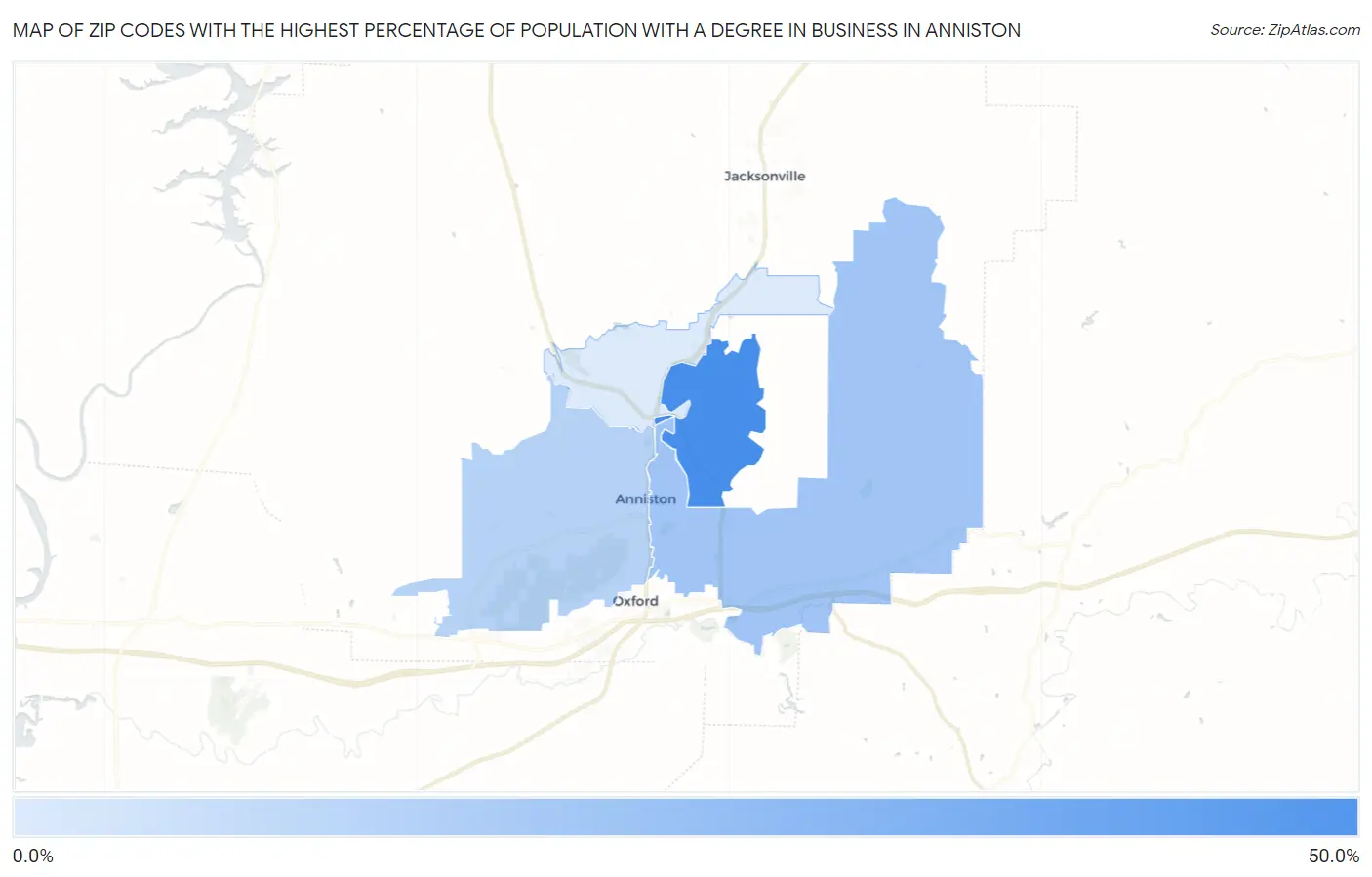 Zip Codes with the Highest Percentage of Population with a Degree in Business in Anniston Map