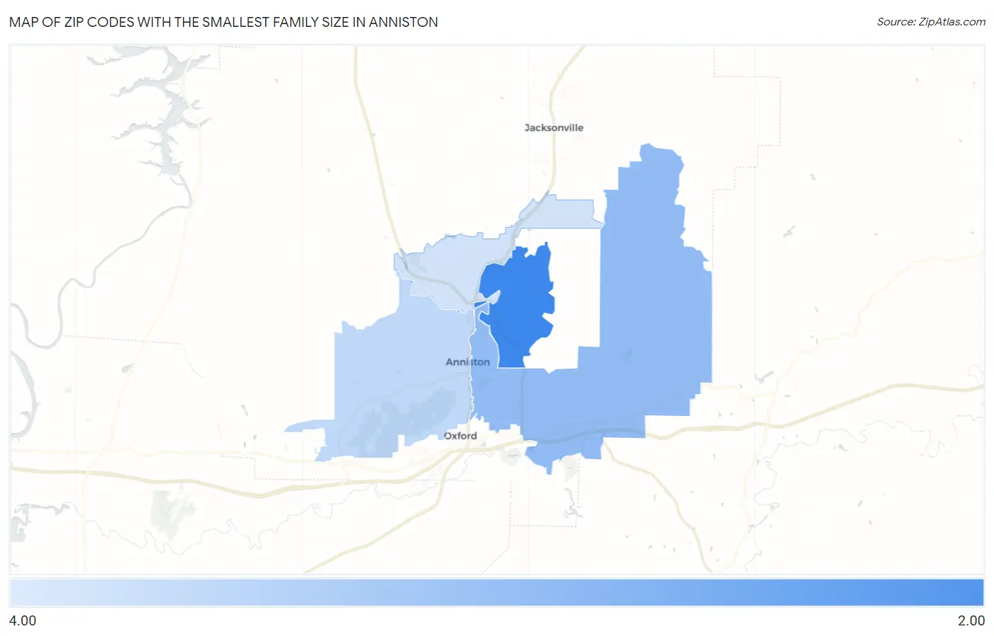 Zip Codes with the Smallest Family Size in Anniston Map