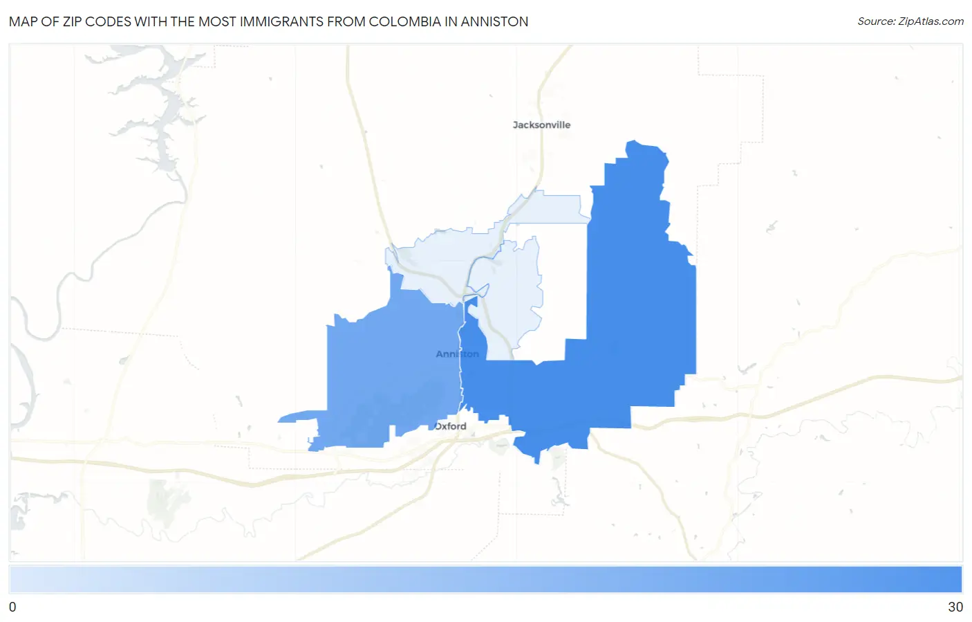 Zip Codes with the Most Immigrants from Colombia in Anniston Map