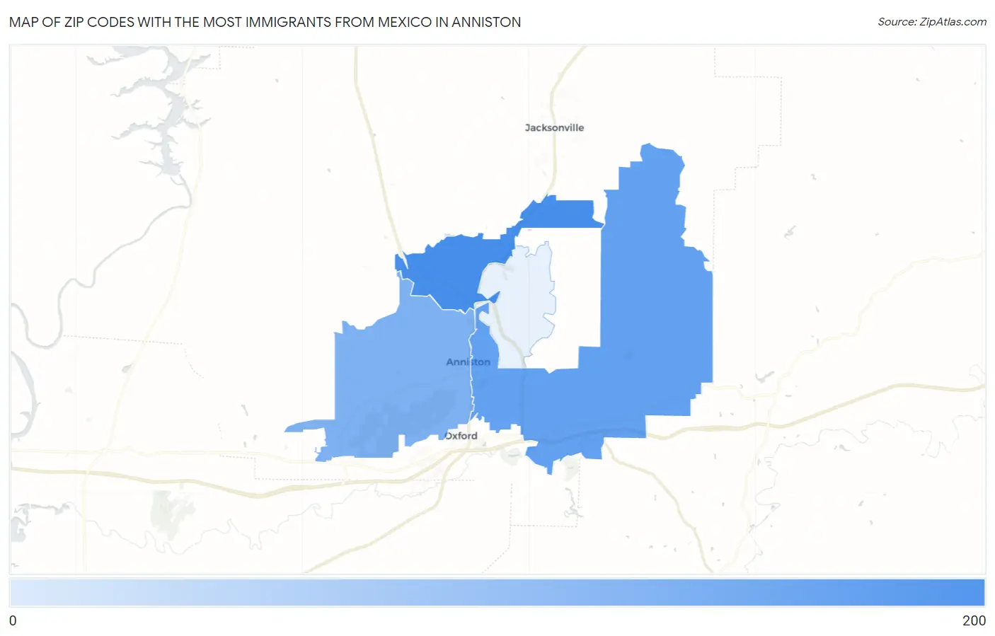 Zip Codes with the Most Immigrants from Mexico in Anniston Map