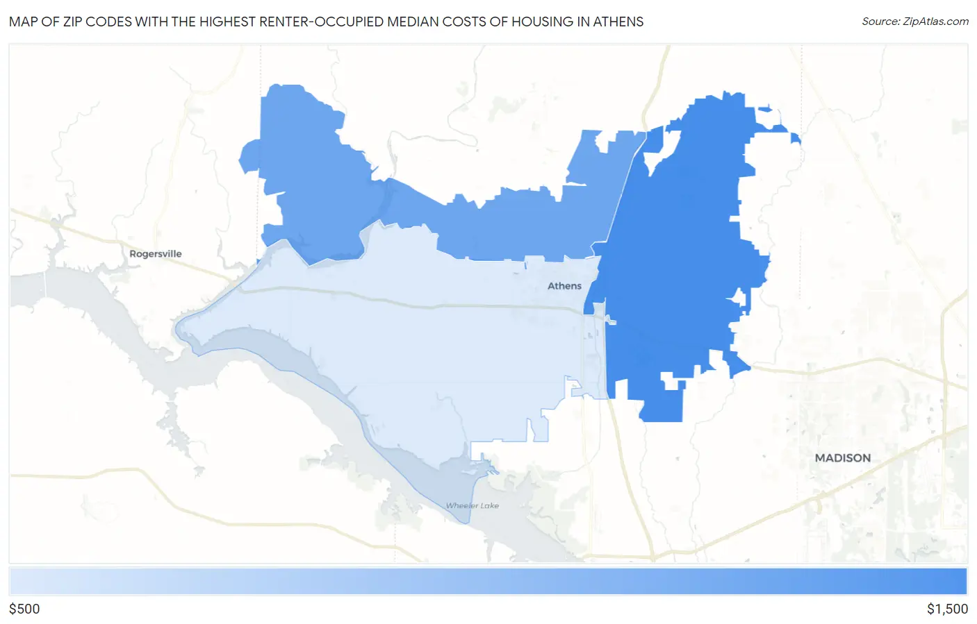 Zip Codes with the Highest Renter-Occupied Median Costs of Housing in Athens Map