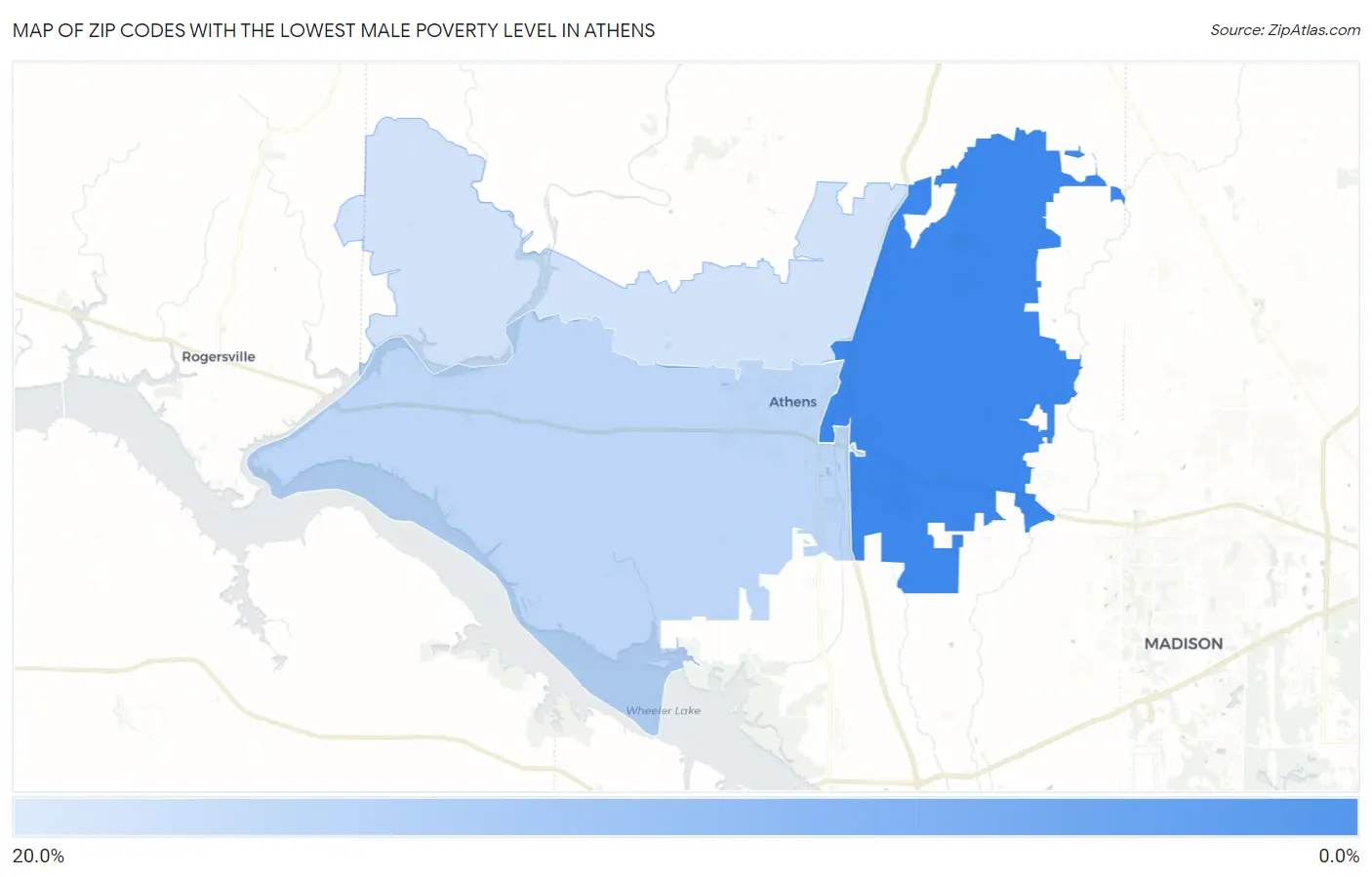Zip Codes with the Lowest Male Poverty Level in Athens Map