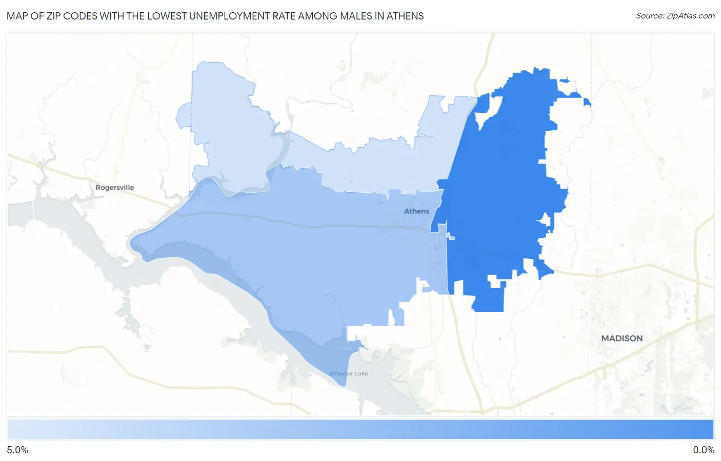 Zip Codes with the Lowest Unemployment Rate Among Males in Athens Map