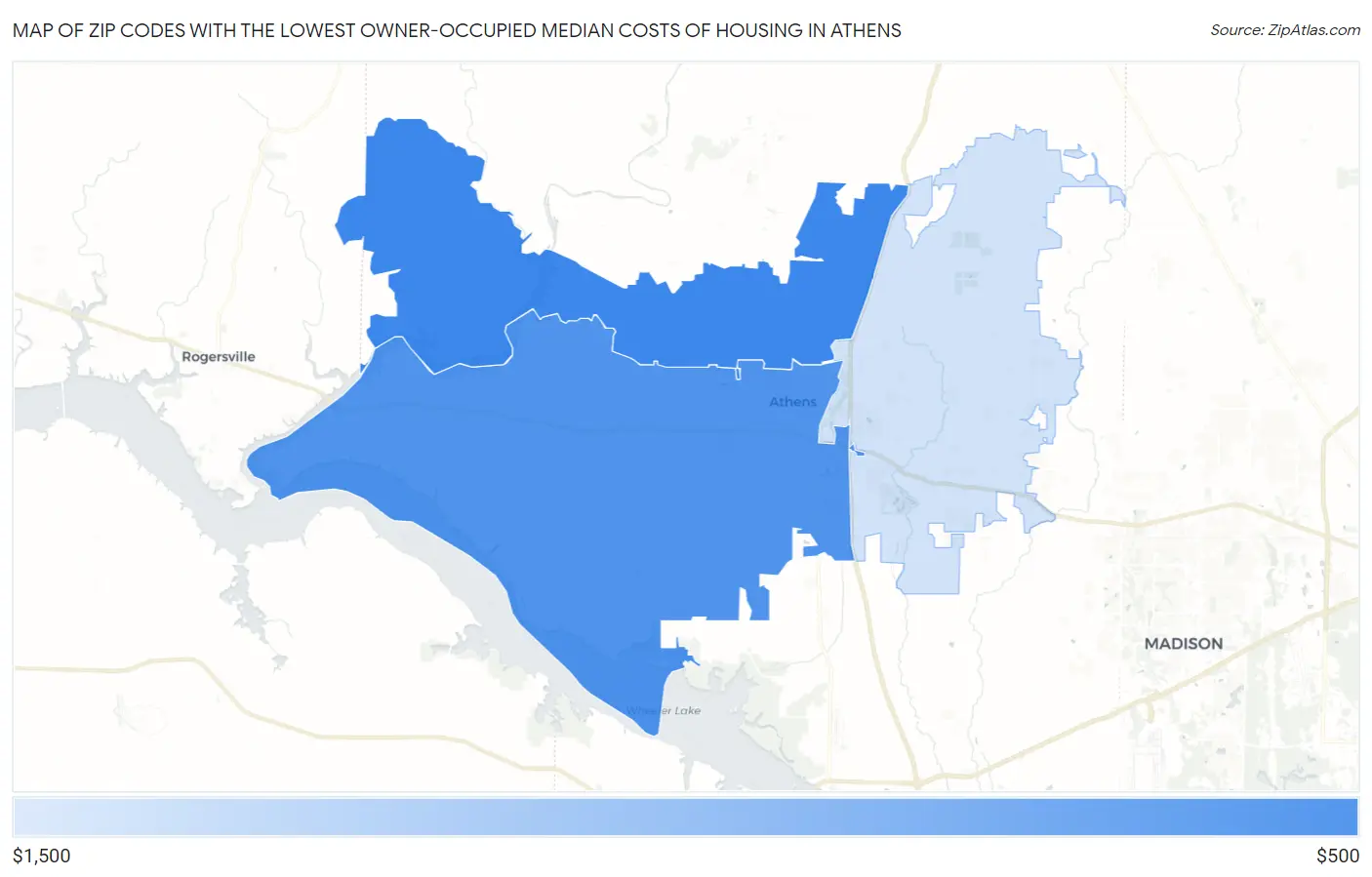 Zip Codes with the Lowest Owner-Occupied Median Costs of Housing in Athens Map