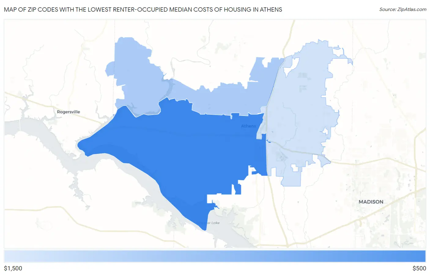 Zip Codes with the Lowest Renter-Occupied Median Costs of Housing in Athens Map