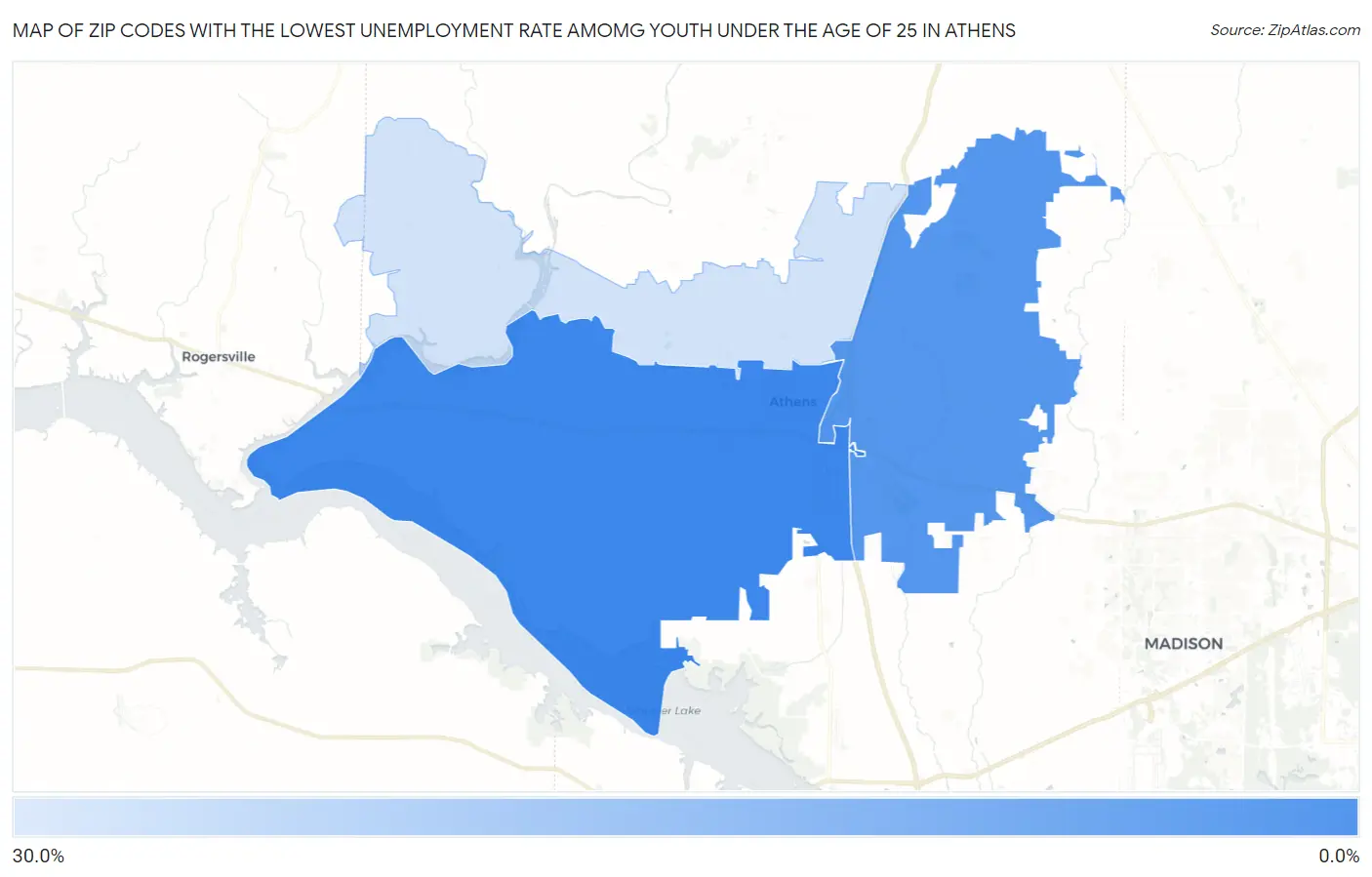 Zip Codes with the Lowest Unemployment Rate Amomg Youth Under the Age of 25 in Athens Map