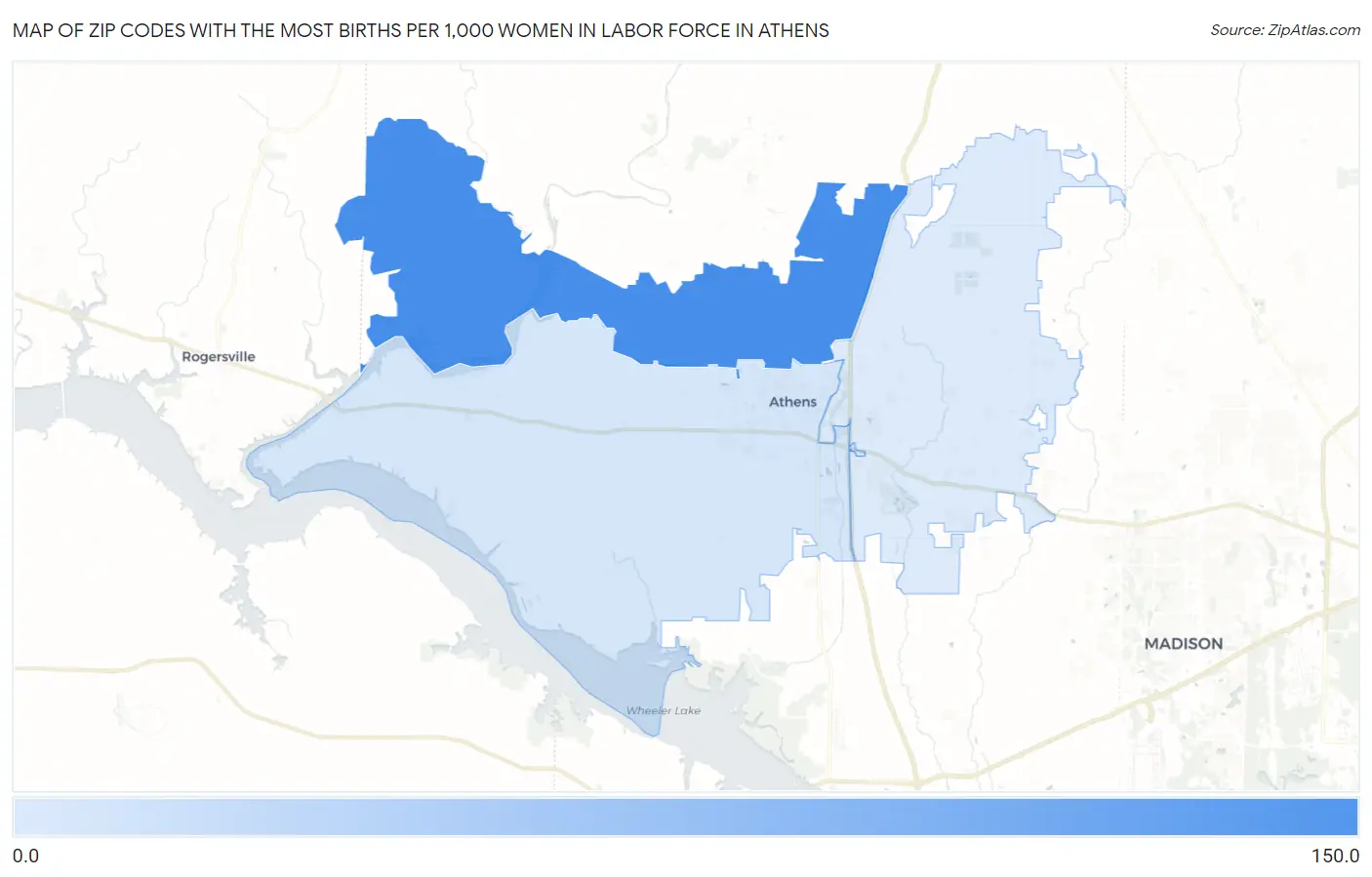 Zip Codes with the Most Births per 1,000 Women in Labor Force in Athens Map