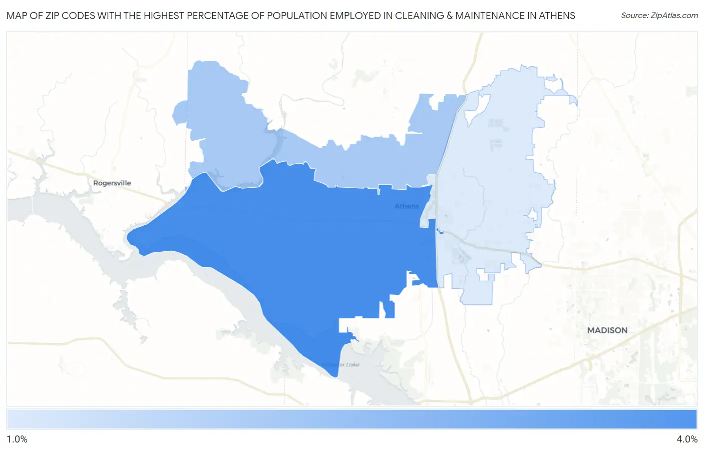 Zip Codes with the Highest Percentage of Population Employed in Cleaning & Maintenance in Athens Map