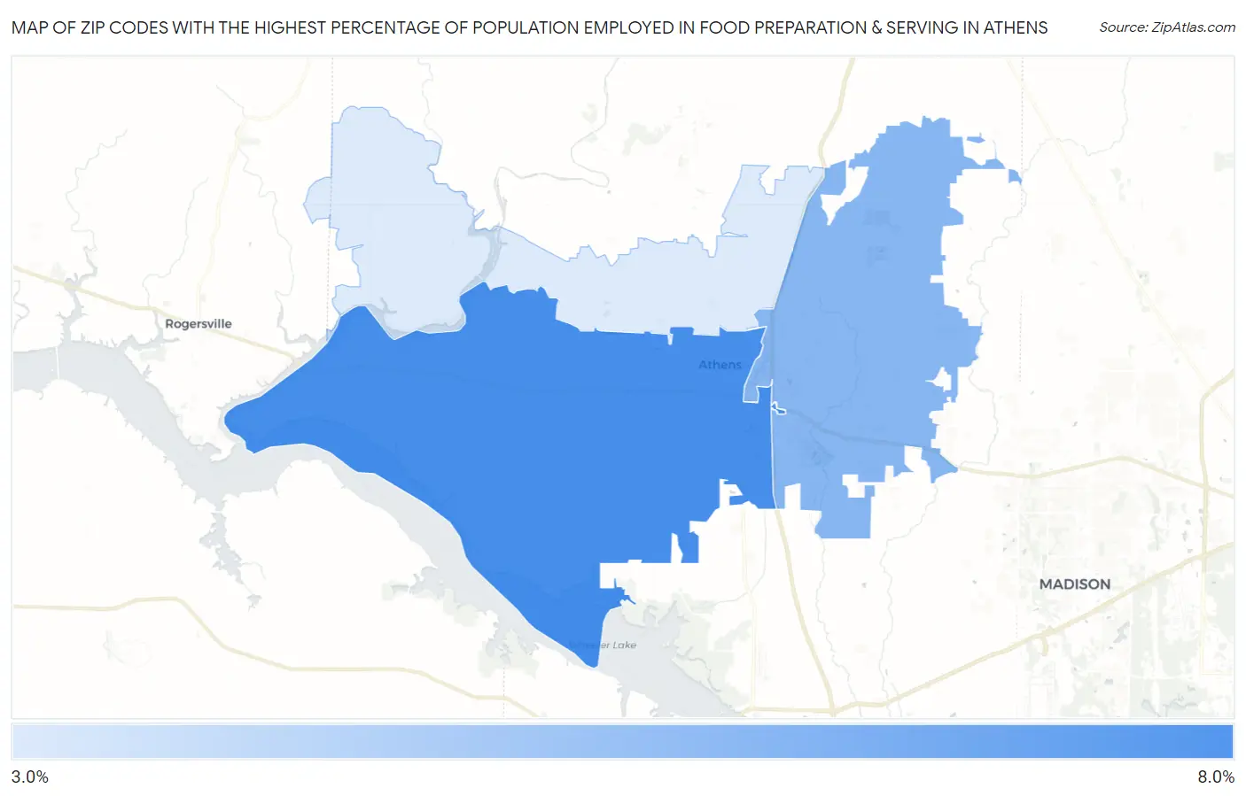 Zip Codes with the Highest Percentage of Population Employed in Food Preparation & Serving in Athens Map
