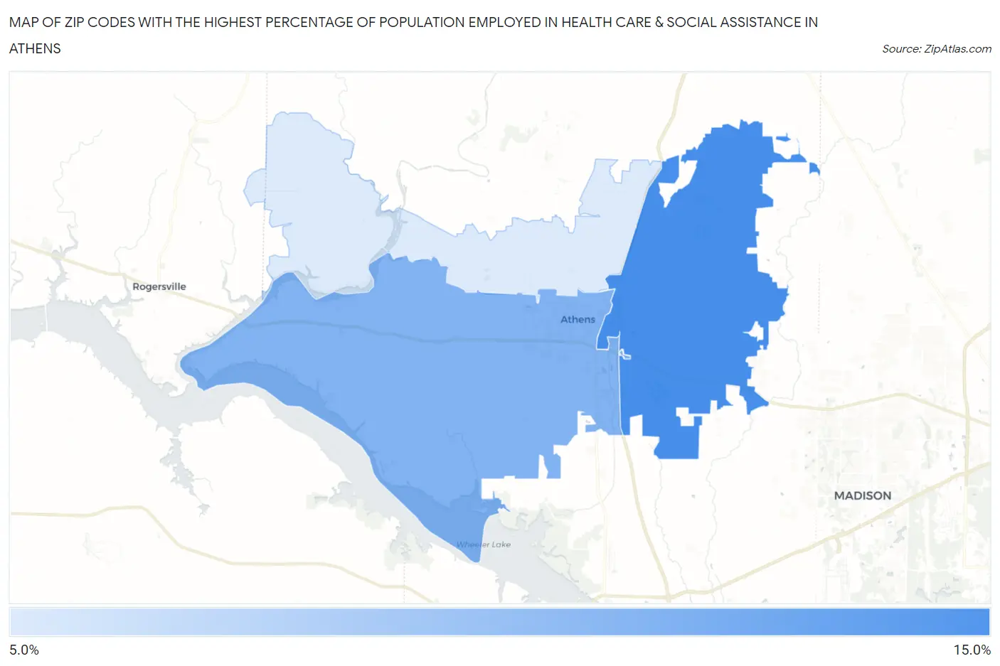 Zip Codes with the Highest Percentage of Population Employed in Health Care & Social Assistance in Athens Map