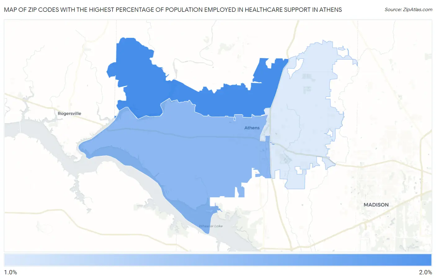 Zip Codes with the Highest Percentage of Population Employed in Healthcare Support in Athens Map