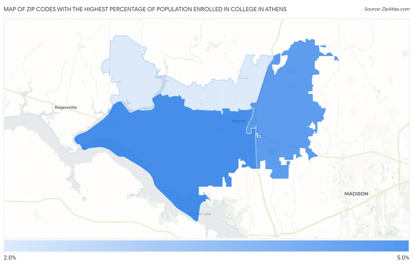 Zip Codes with the Highest Percentage of Population Enrolled in College in Athens Map