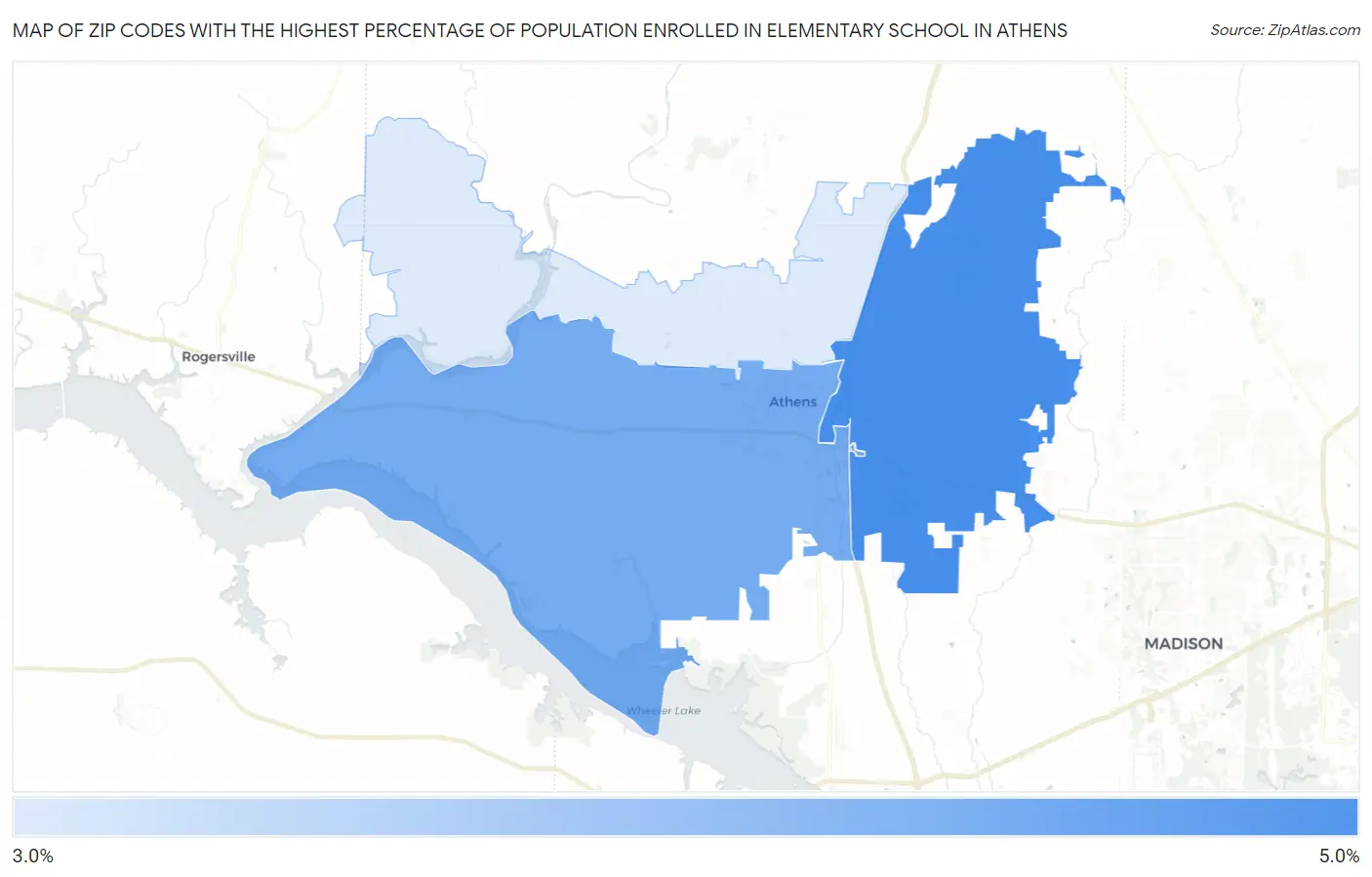 Zip Codes with the Highest Percentage of Population Enrolled in Elementary School in Athens Map