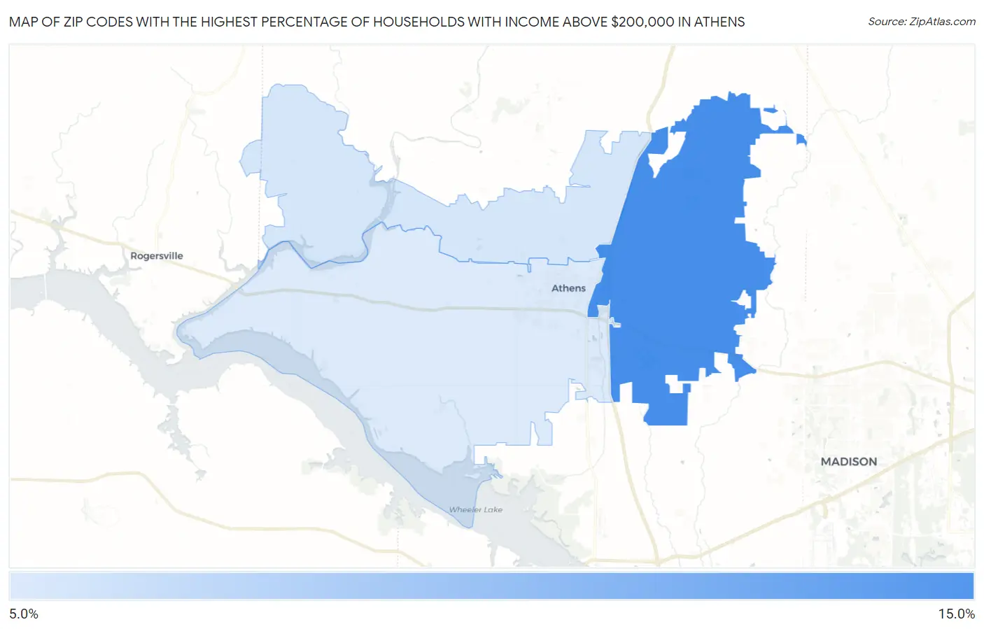 Zip Codes with the Highest Percentage of Households with Income Above $200,000 in Athens Map