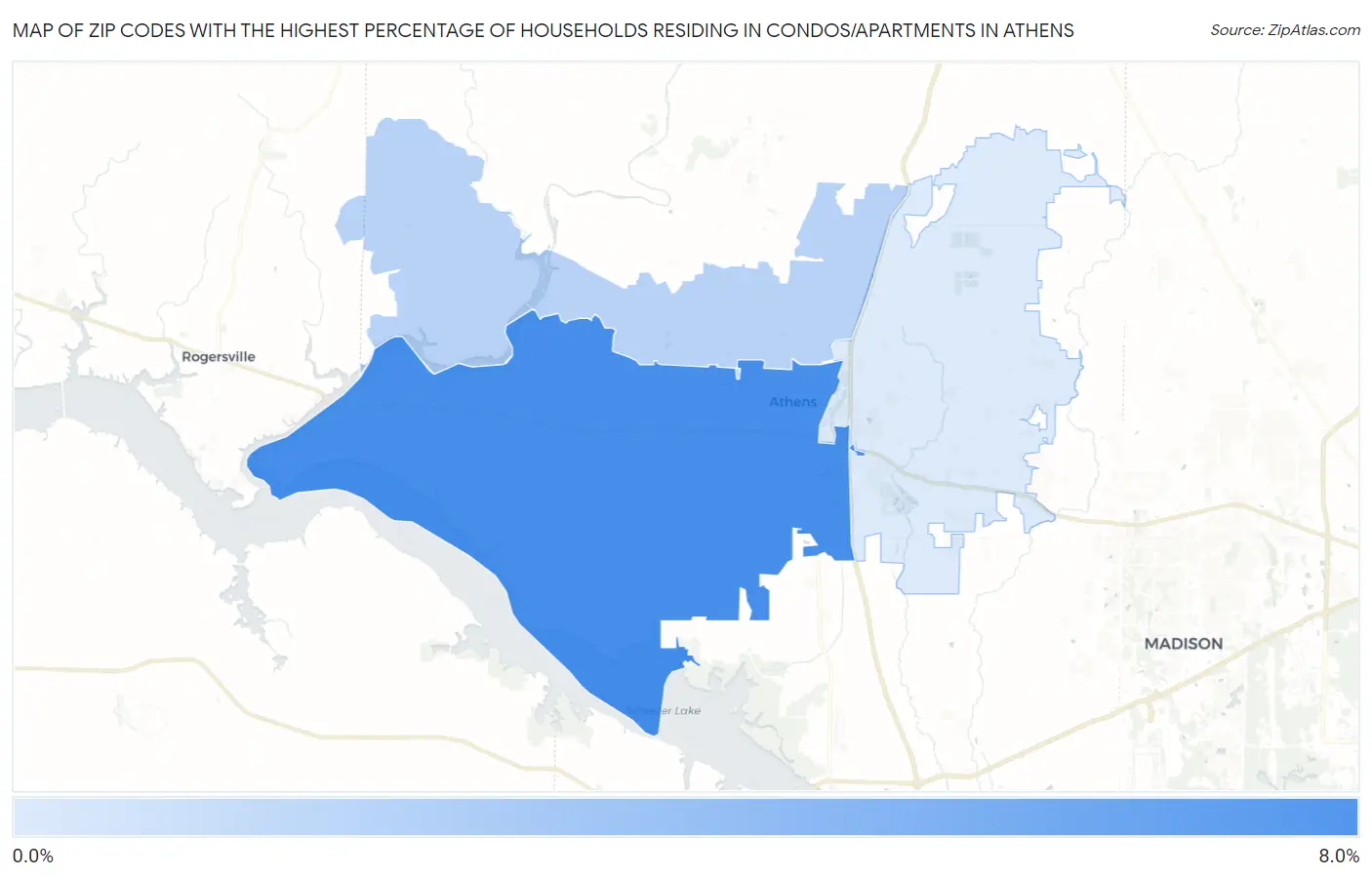 Zip Codes with the Highest Percentage of Households Residing in Condos/Apartments in Athens Map