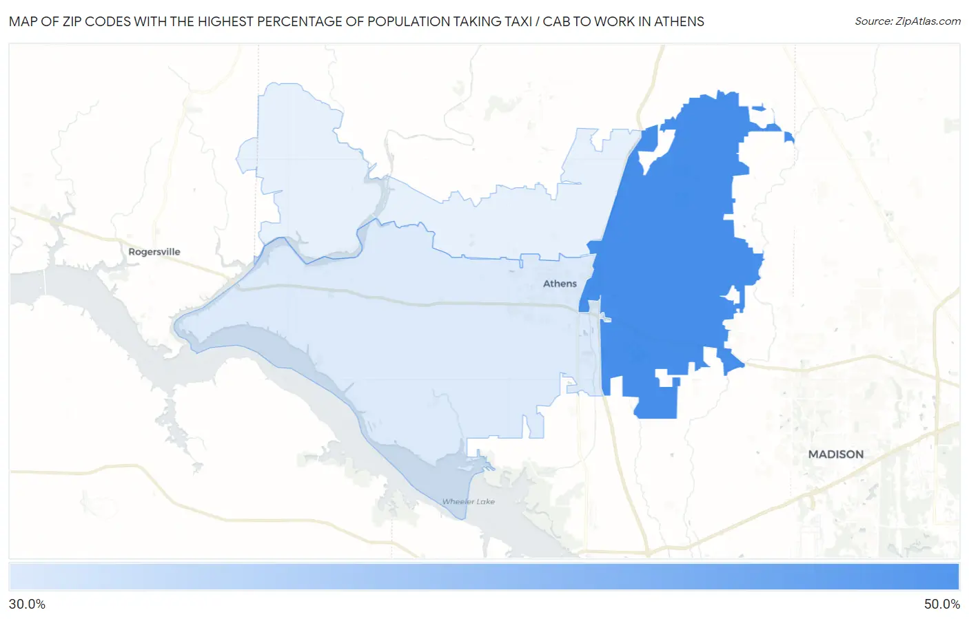 Zip Codes with the Highest Percentage of Population Taking Taxi / Cab to Work in Athens Map