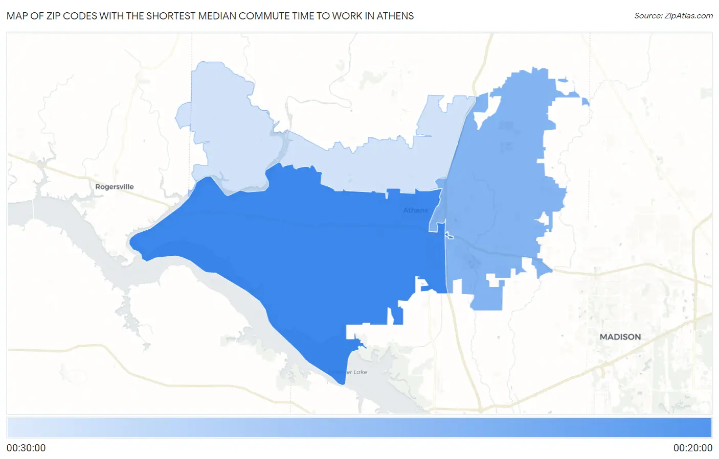 Zip Codes with the Shortest Median Commute Time to Work in Athens Map