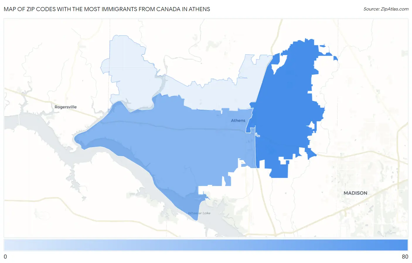 Zip Codes with the Most Immigrants from Canada in Athens Map