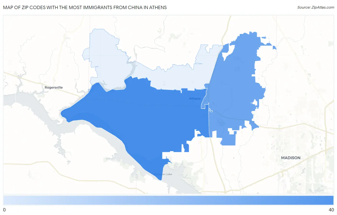 Zip Codes with the Most Immigrants from China in Athens Map