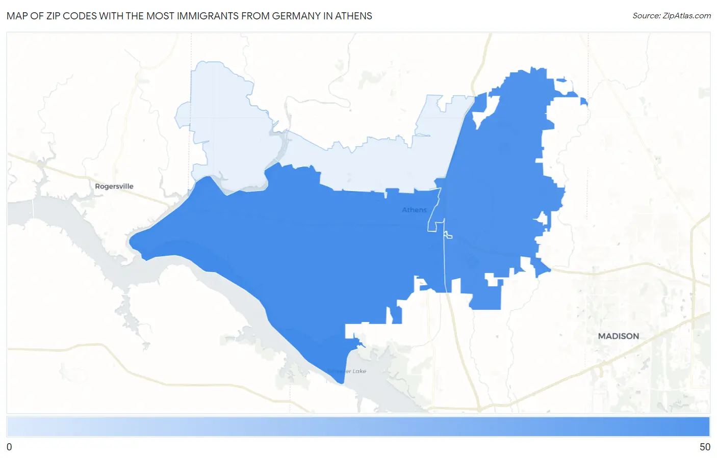 Zip Codes with the Most Immigrants from Germany in Athens Map