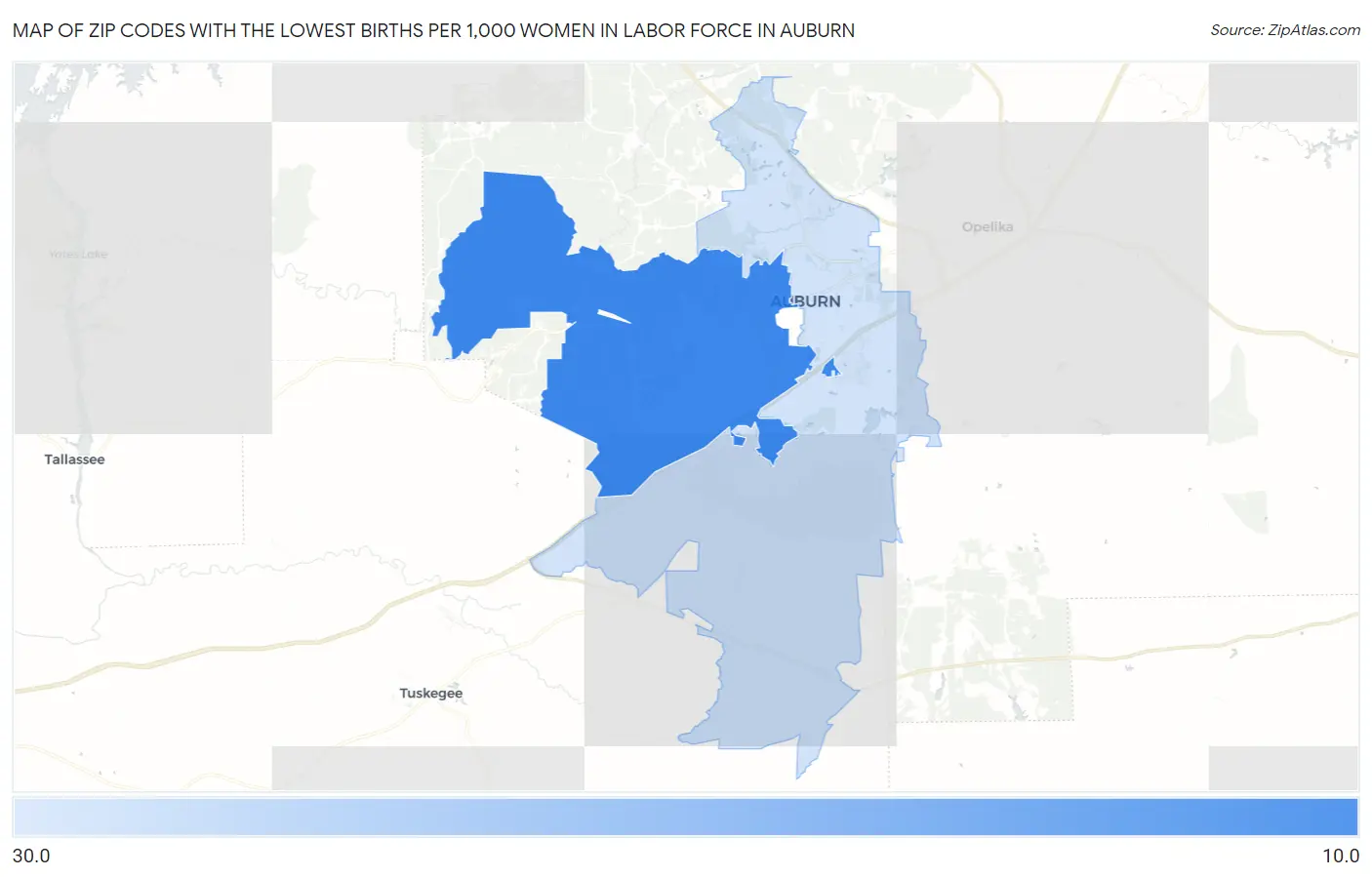 Zip Codes with the Lowest Births per 1,000 Women in Labor Force in Auburn Map