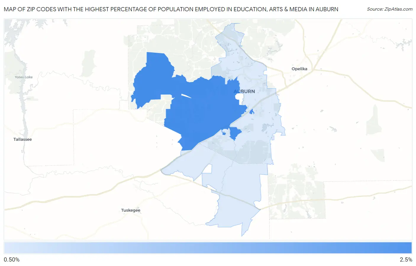 Zip Codes with the Highest Percentage of Population Employed in Education, Arts & Media in Auburn Map