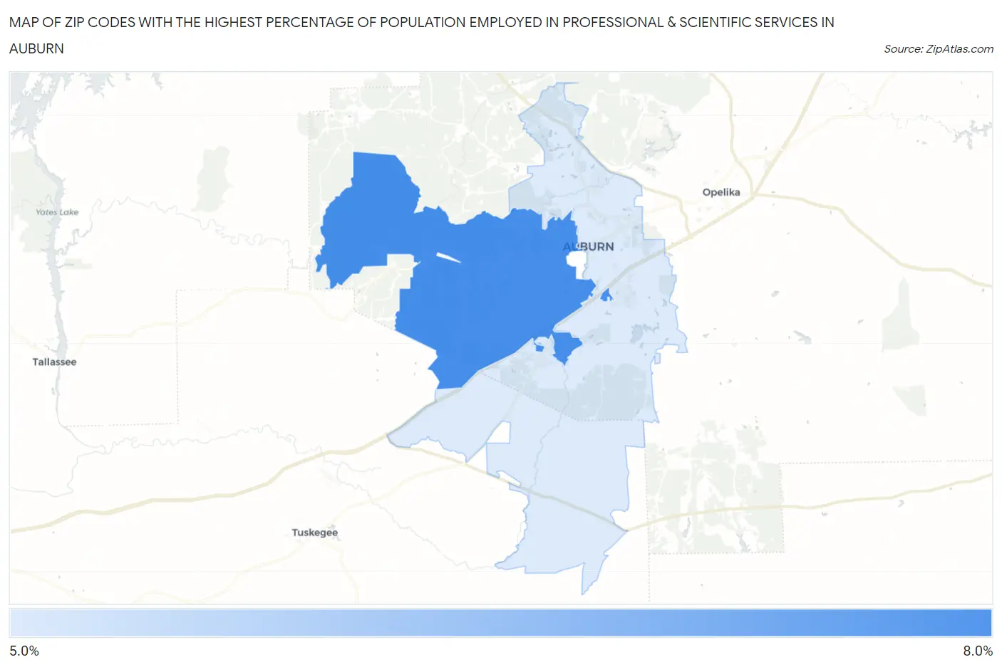 Zip Codes with the Highest Percentage of Population Employed in Professional & Scientific Services in Auburn Map