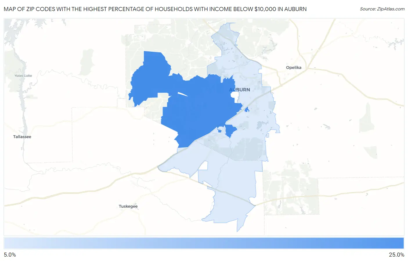 Zip Codes with the Highest Percentage of Households with Income Below $10,000 in Auburn Map