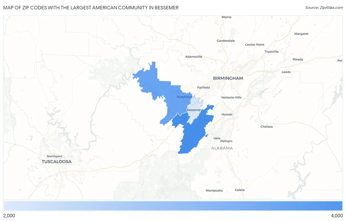 Zip Codes with the Largest American Community in Bessemer Map