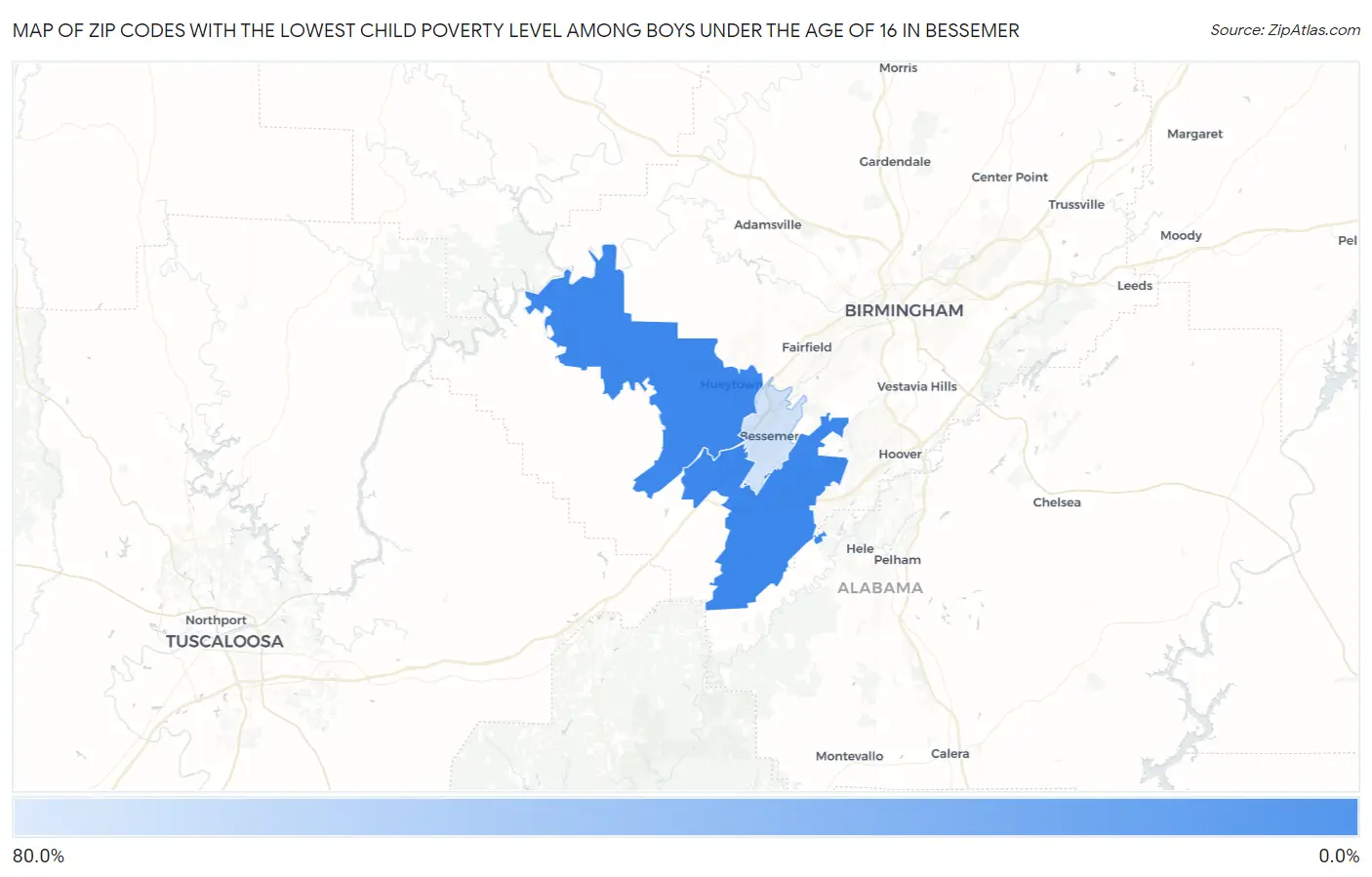 Zip Codes with the Lowest Child Poverty Level Among Boys Under the Age of 16 in Bessemer Map