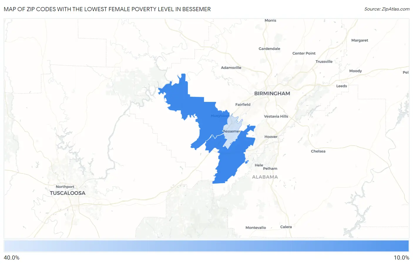 Zip Codes with the Lowest Female Poverty Level in Bessemer Map
