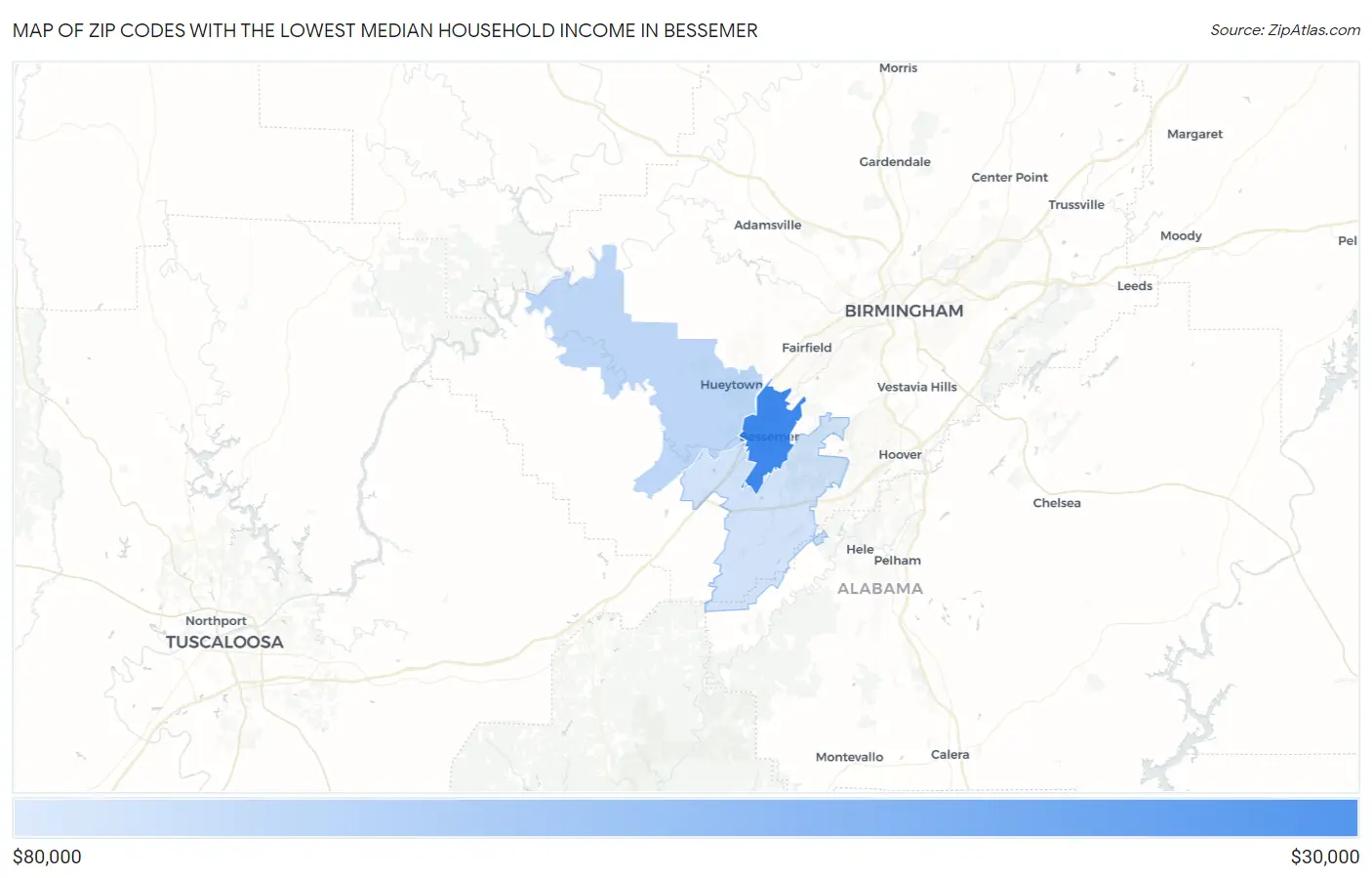 Zip Codes with the Lowest Median Household Income in Bessemer Map