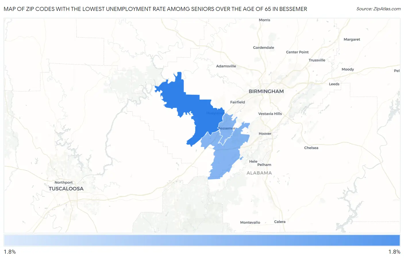 Zip Codes with the Lowest Unemployment Rate Amomg Seniors Over the Age of 65 in Bessemer Map