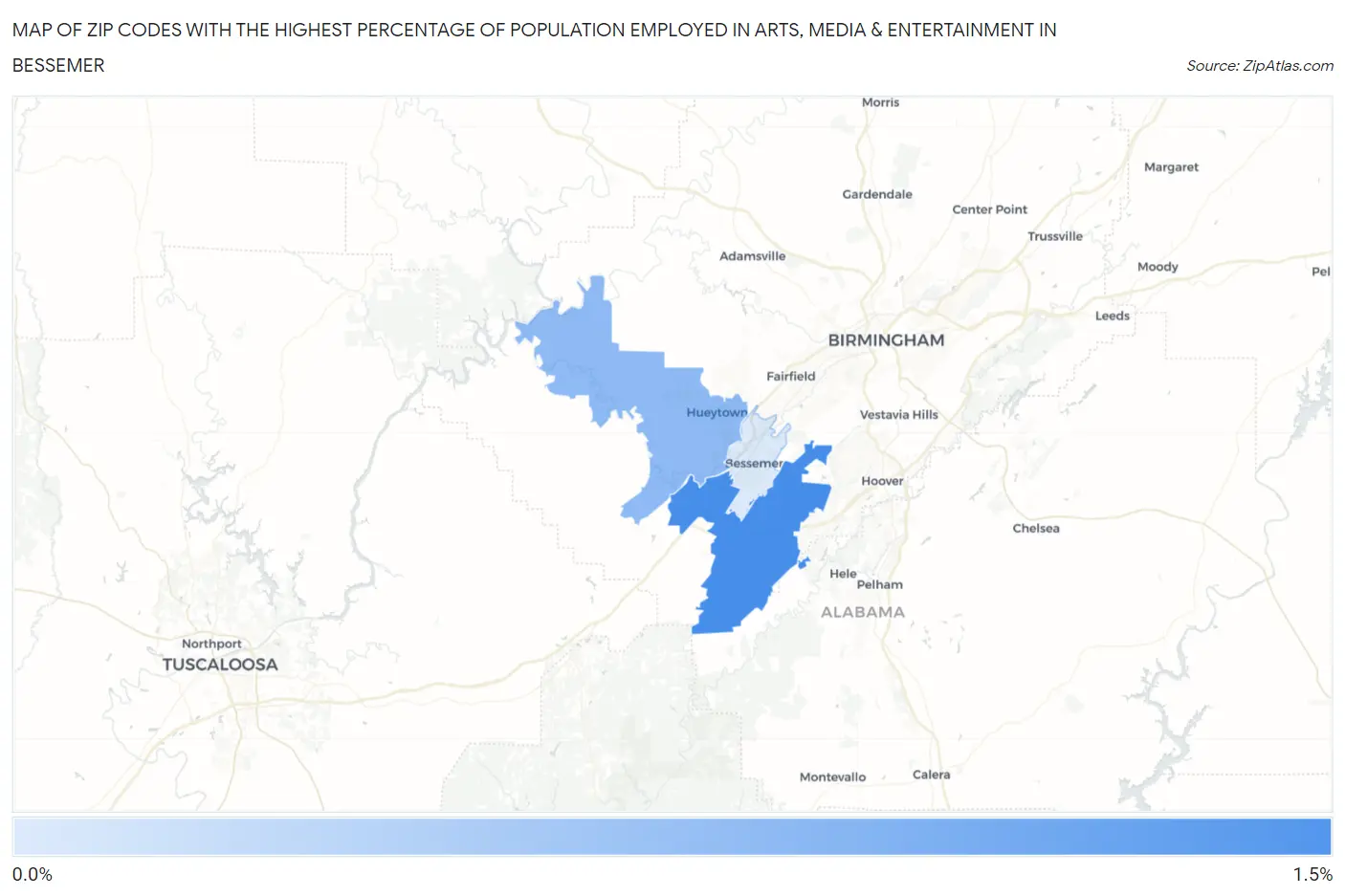 Zip Codes with the Highest Percentage of Population Employed in Arts, Media & Entertainment in Bessemer Map